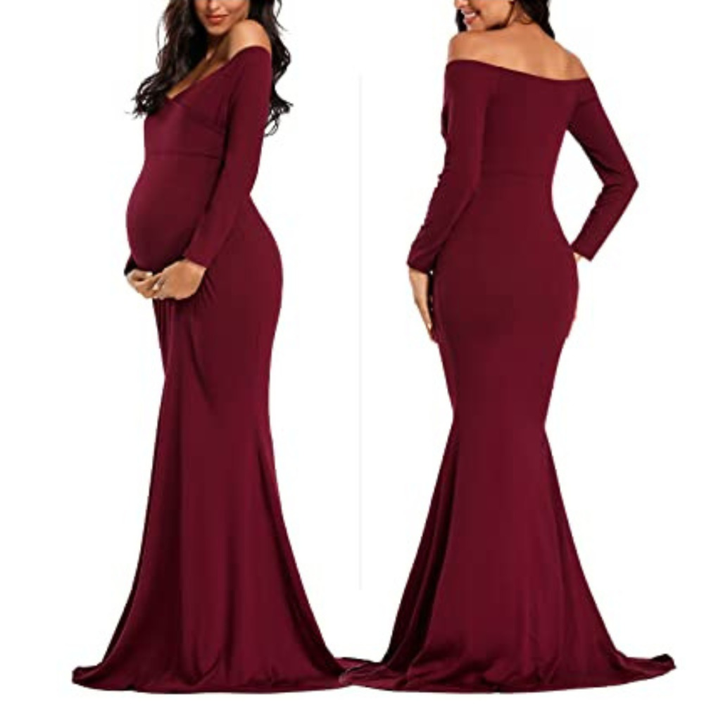 Women's Off‎ Shoulder Maternity Dress Slim Cross-Front V Neck Long Sleeve, XL